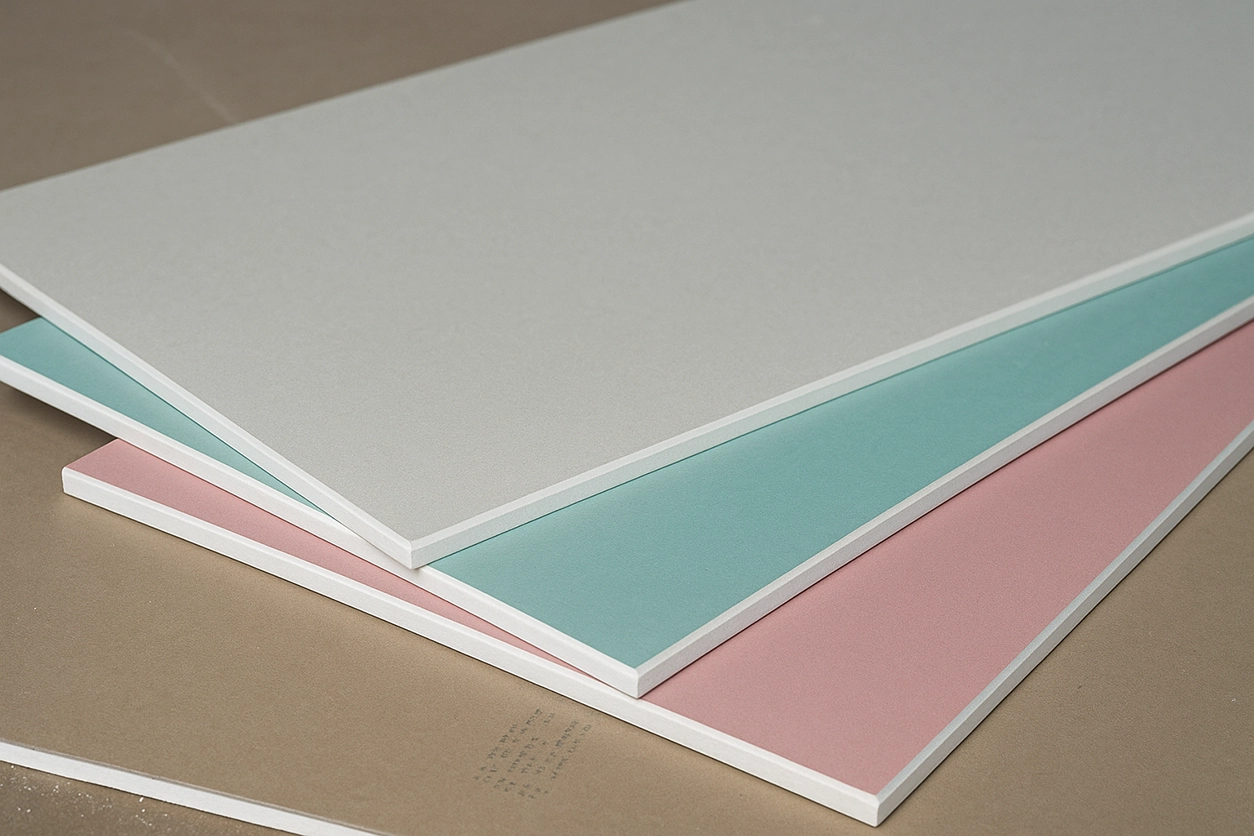 Close-up of drywall sheets in white, green, and pink colours with smooth edges