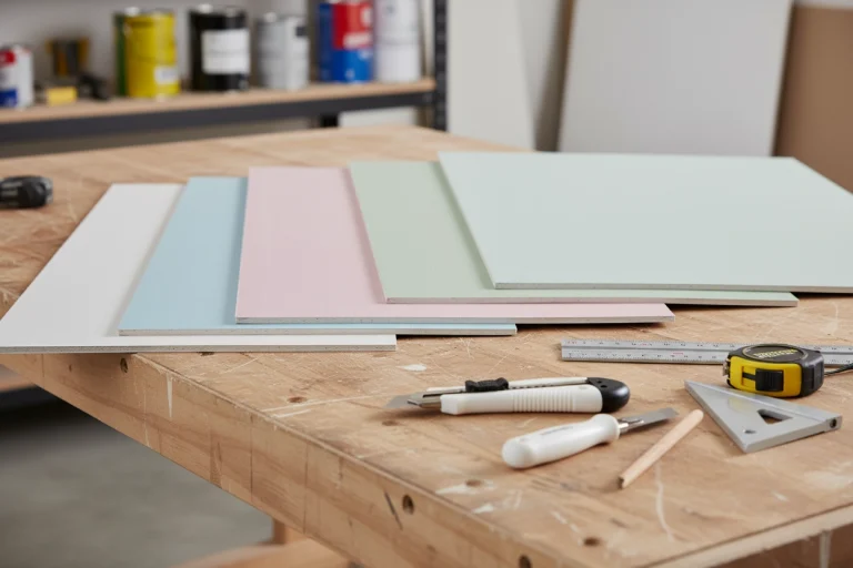 Drywall colour samples and measuring tools on a wooden table