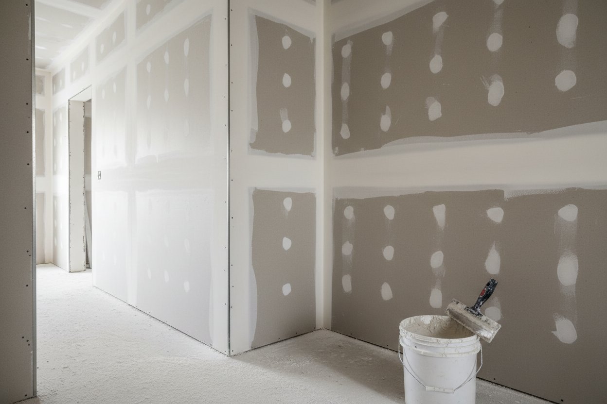 Drywall installation in Georgina by Express Drywall Services with taped joints and bucket of joint compound