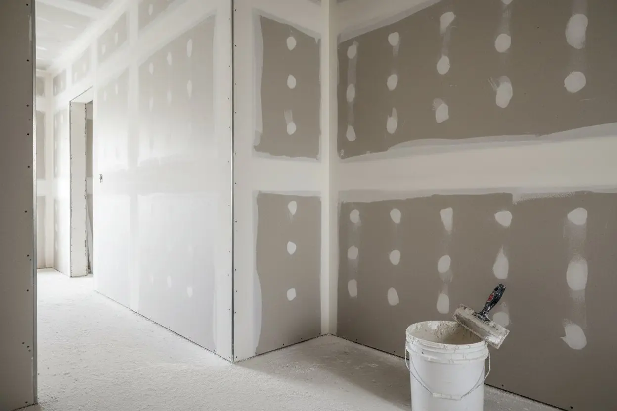 Drywall installation in Georgina by Express Drywall Services with taped joints and bucket of joint compound