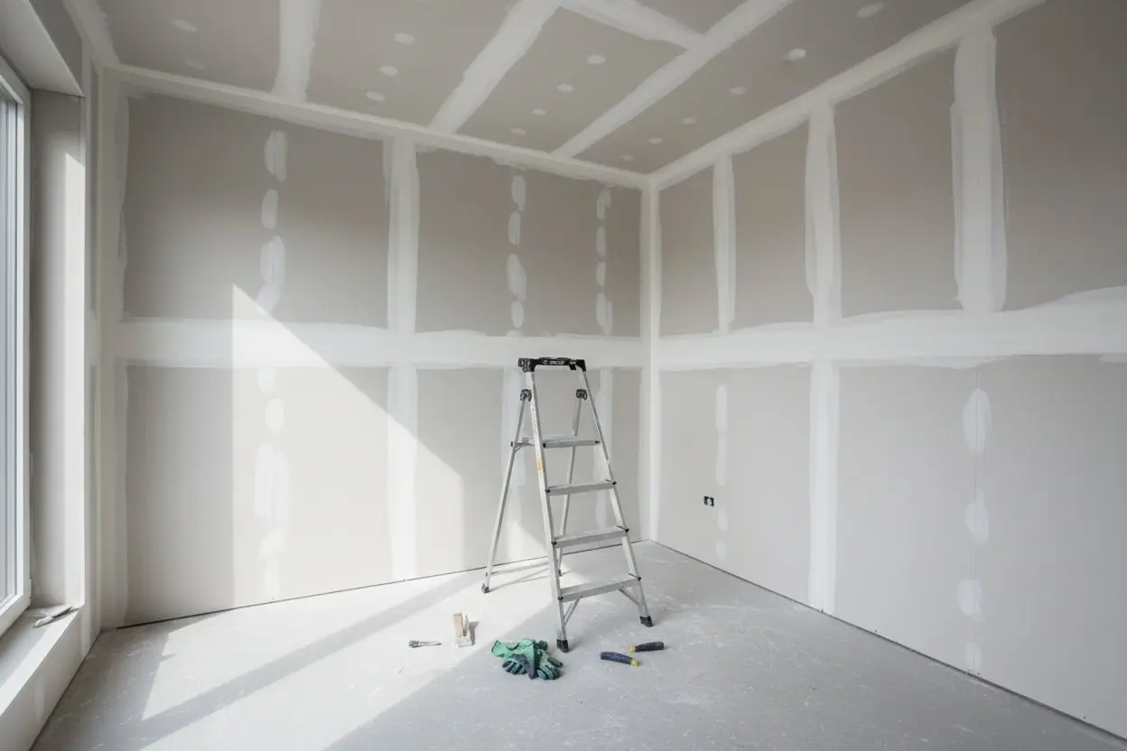 Drywall installation in Halton Hills by Express Drywall Services with ladder, gloves and taped joints in natural sunlight