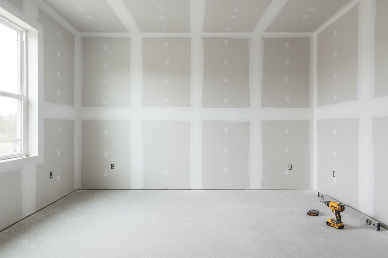 Drywall installation in Halton Hills by Express Drywall Services in a bright room with taped seams and power tools on the floor