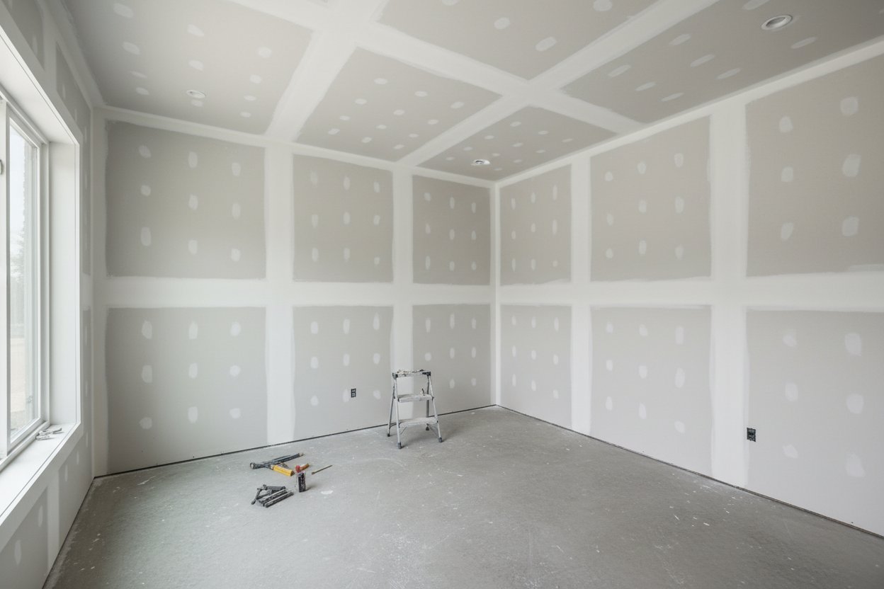 Drywall installation in Caledon by Express Drywall Services with ladder, tools and taped drywall panels