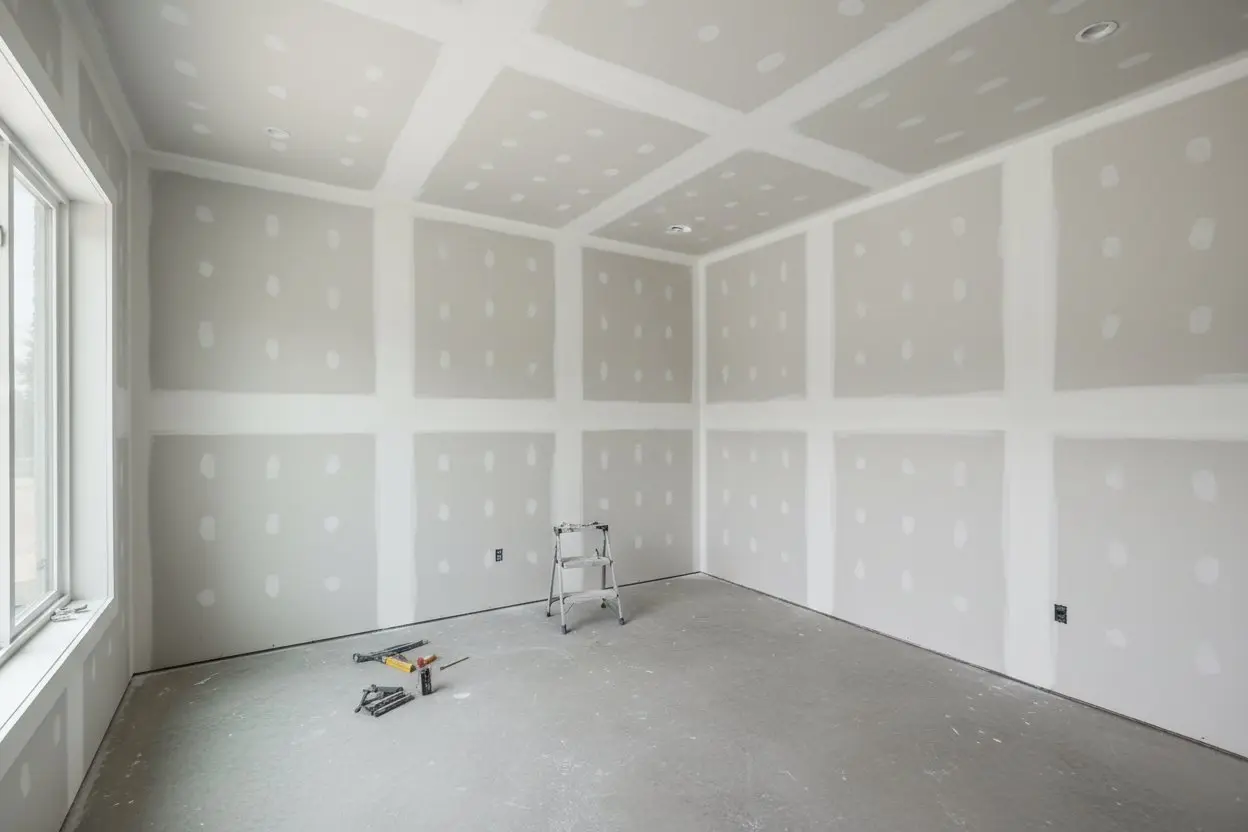 Drywall installation in Caledon by Express Drywall Services with ladder, tools and taped drywall panels