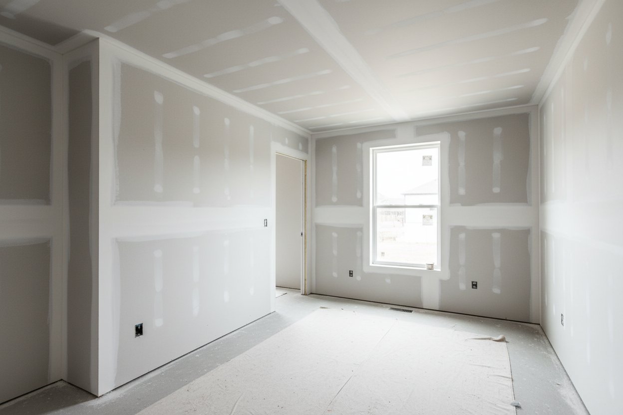 Drywall installation in Caledon by Express Drywall Services in a bright room with smooth taped seams