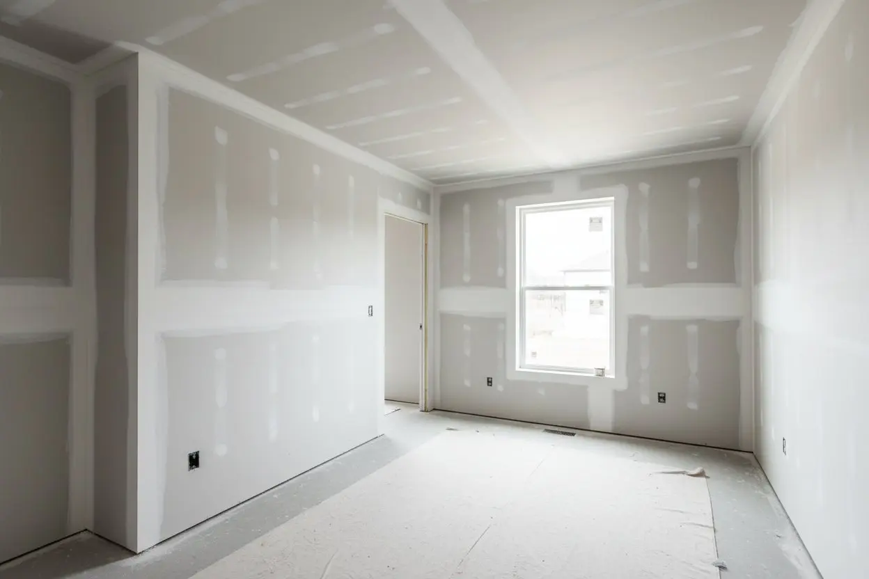 Drywall installation in Caledon by Express Drywall Services in a bright room with smooth taped seams