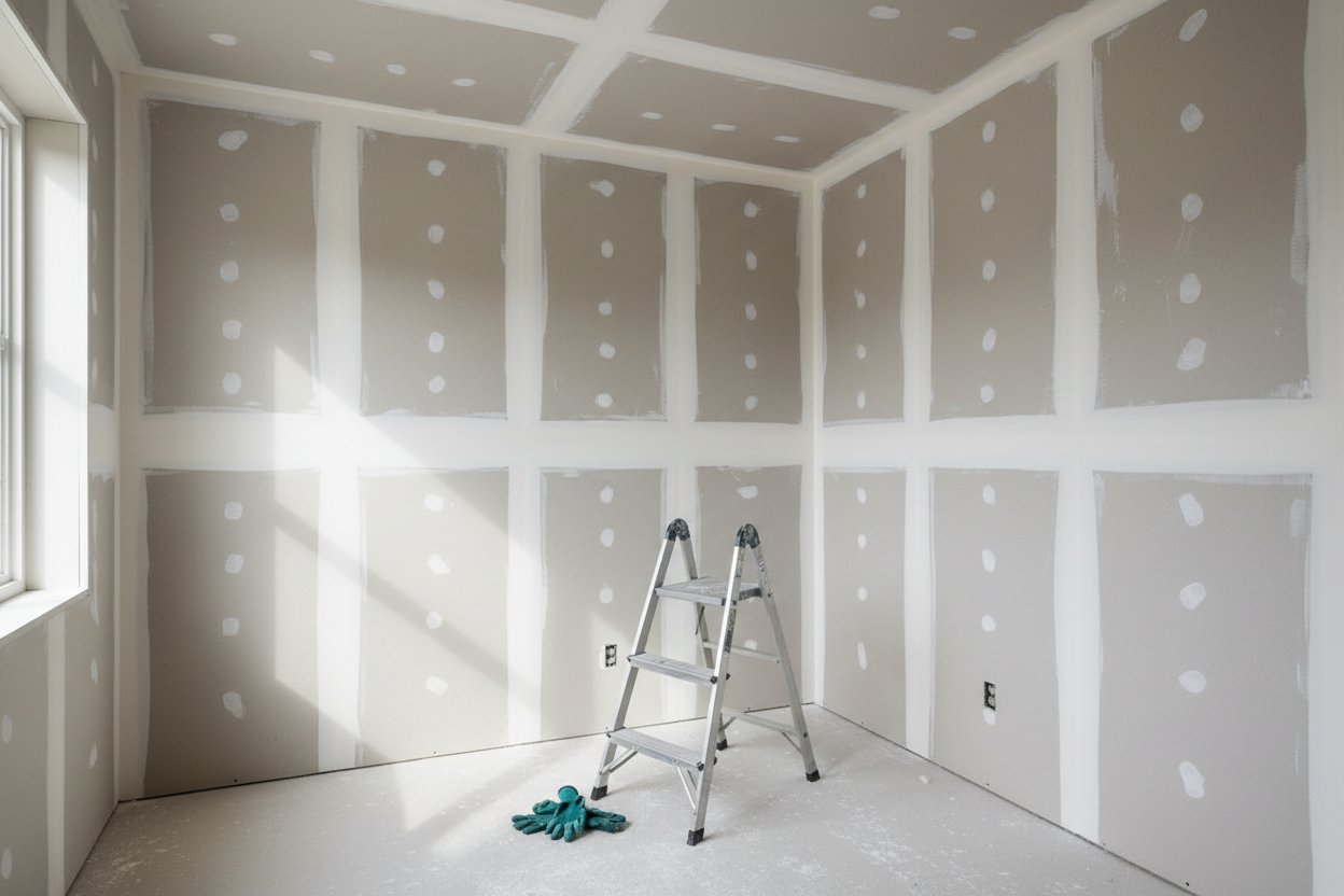 Express Drywall Services performing drywall installation in Oshawa in a bright room with taped seams