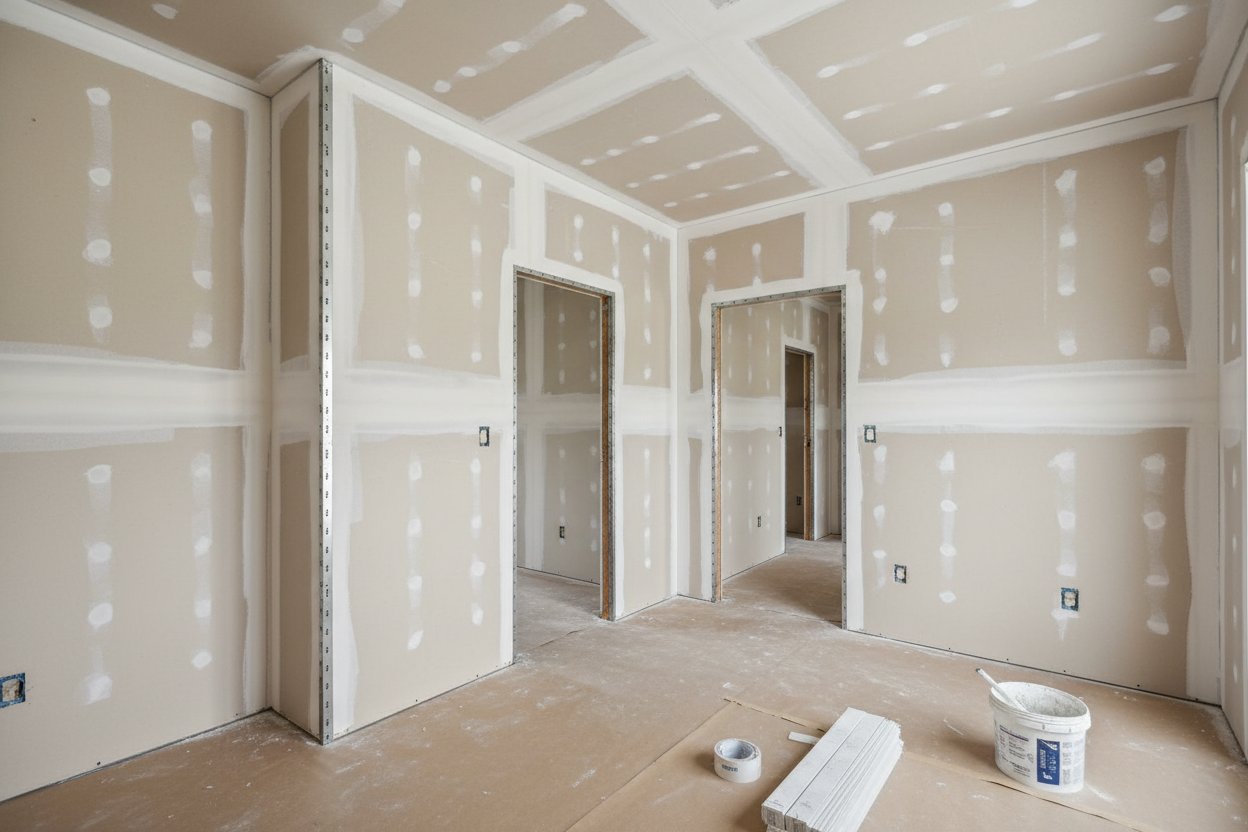 Drywall installation in Oshawa by Express Drywall Services in a newly framed and mudded interior room