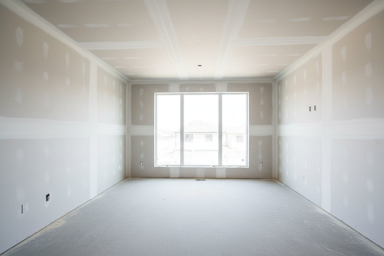 Express Drywall Services performing drywall installation in Whitby in a large room with clean taped joints and a central window