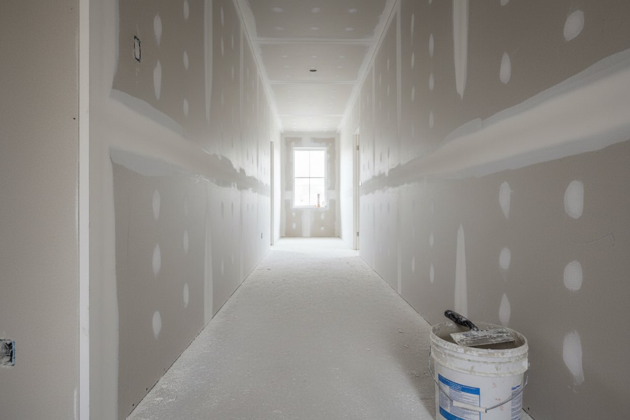 Drywall installation in Whitby by Express Drywall Services in a long hallway with taped seams and tools on the floor