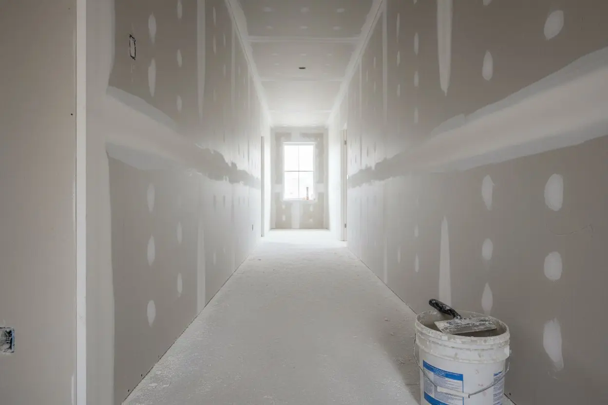 Drywall installation in Whitby by Express Drywall Services in a long hallway with taped seams and tools on the floor