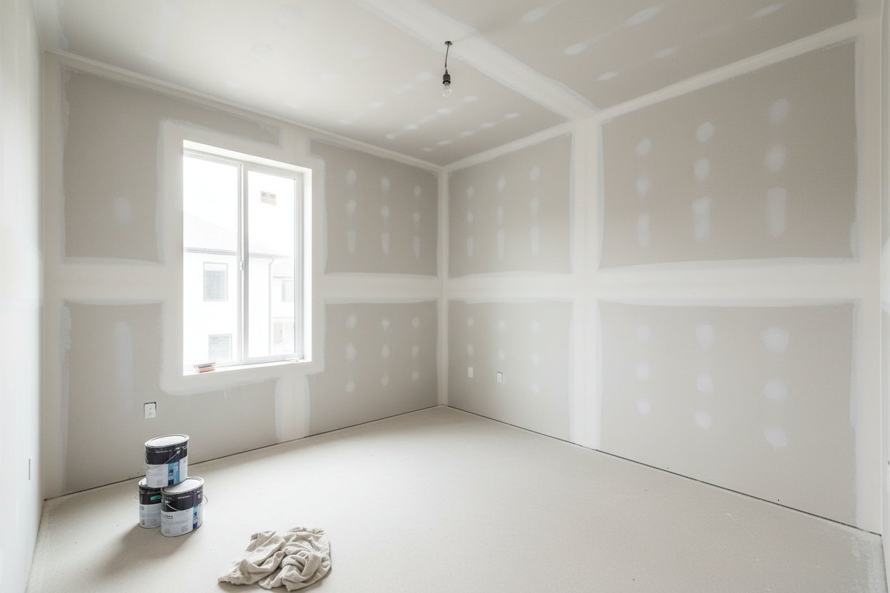 Drywall installation in Ajax by Express Drywall Services in a room under construction with exposed framing and insulation