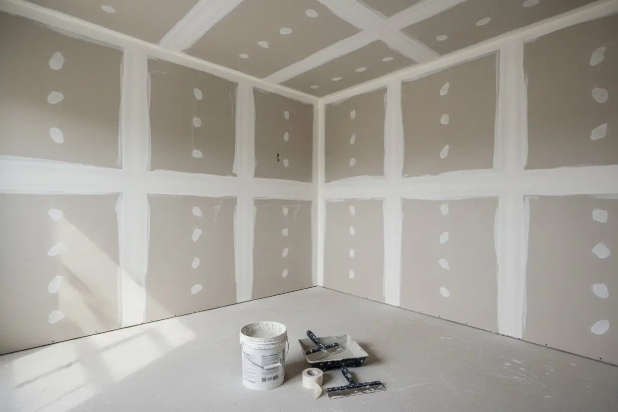 Drywall installation in Ajax by Express Drywall Services with taped seams, tools and joint compound in a bright room