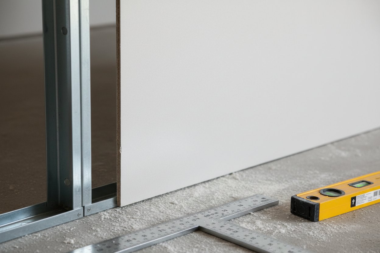 Close-up of drywall installation in Ajax by Express Drywall Services showing precise panel alignment and metal framing