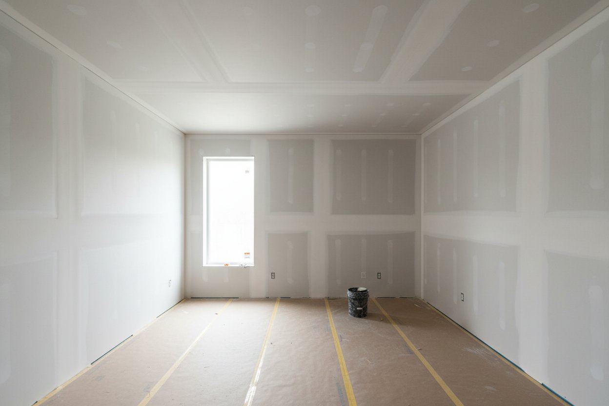 Room prepared during drywall installation in Pickering by Express Drywall Services with protected flooring and taped joints