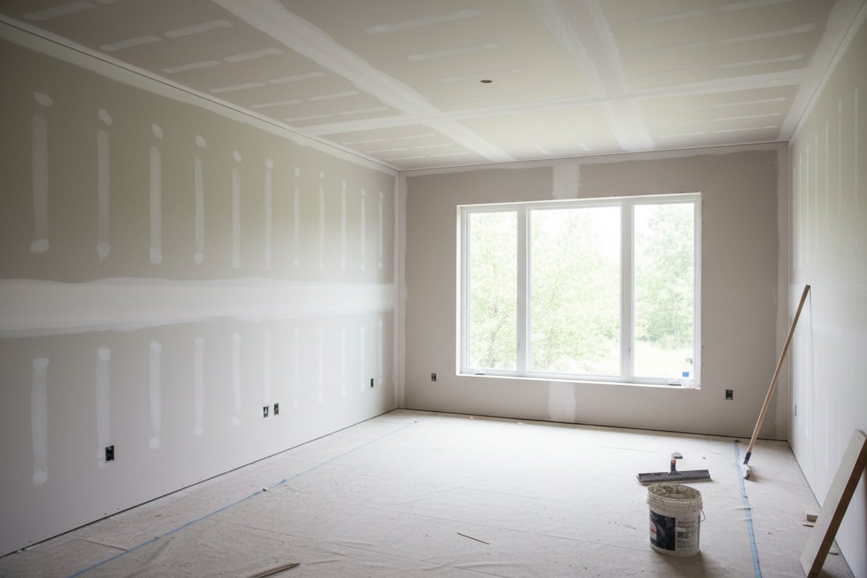 Express Drywall Services completing drywall installation in Pickering in a spacious room with large window and clean seams