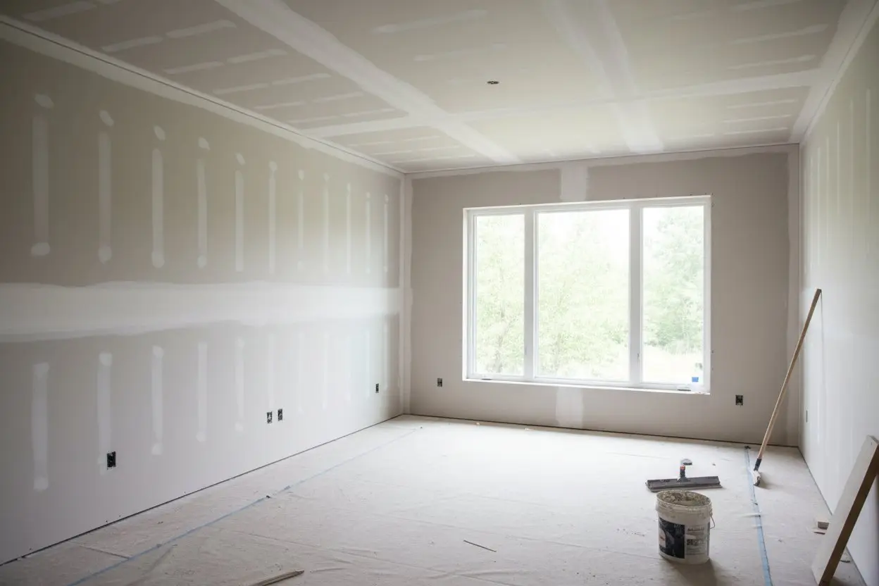 Express Drywall Services completing drywall installation in Pickering in a spacious room with large window and clean seams