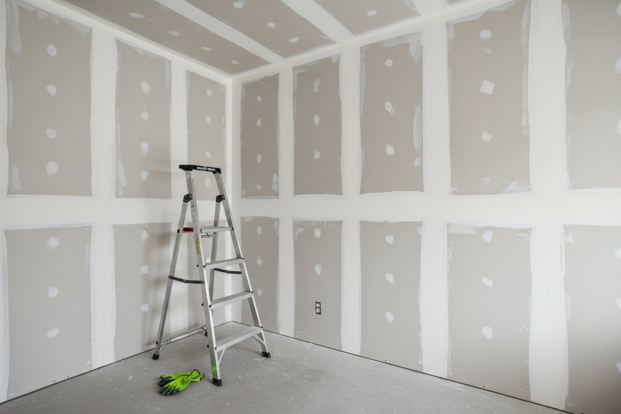 Drywall installation in Pickering by Express Drywall Services with ladder and tools inside a newly finished room
