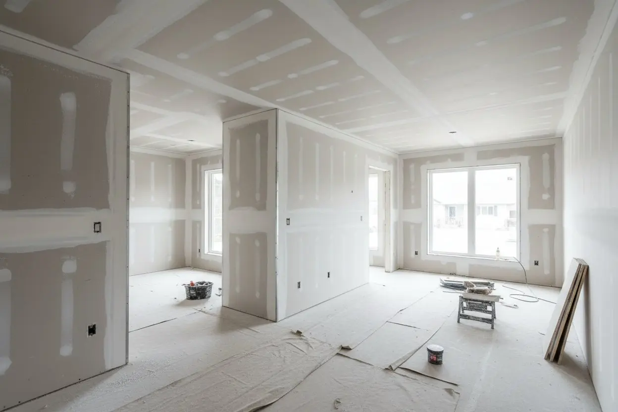 Drywall installation in Burlington by Express Drywall Services inside a new home with multiple rooms under construction