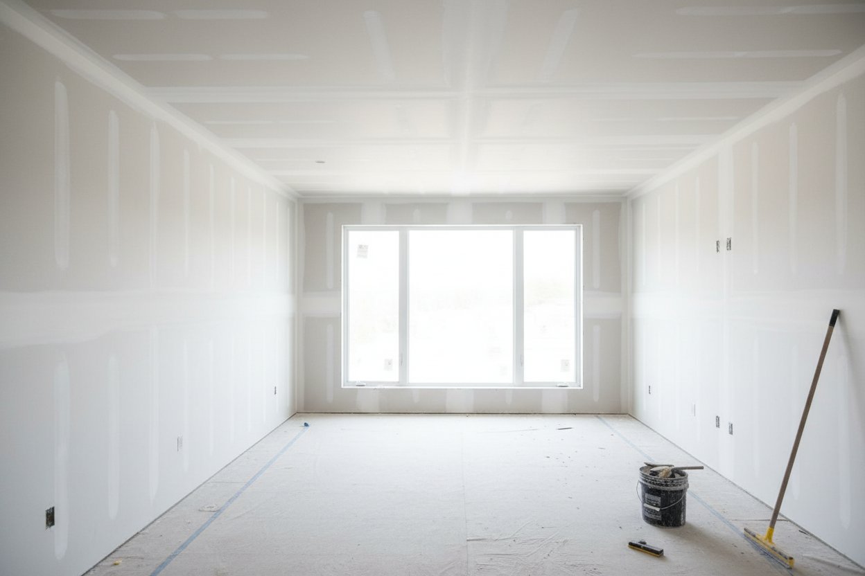 Room prepared for drywall installation in Burlington by Express Drywall Services with tools on the floor and finished seams