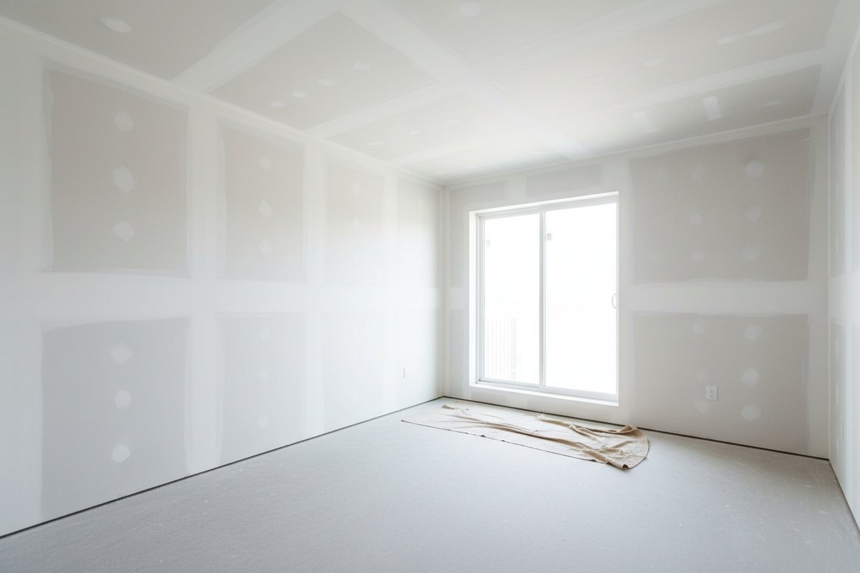 Drywall installation in Burlington by Express Drywall Services in a bright room with finished seams and large sliding window