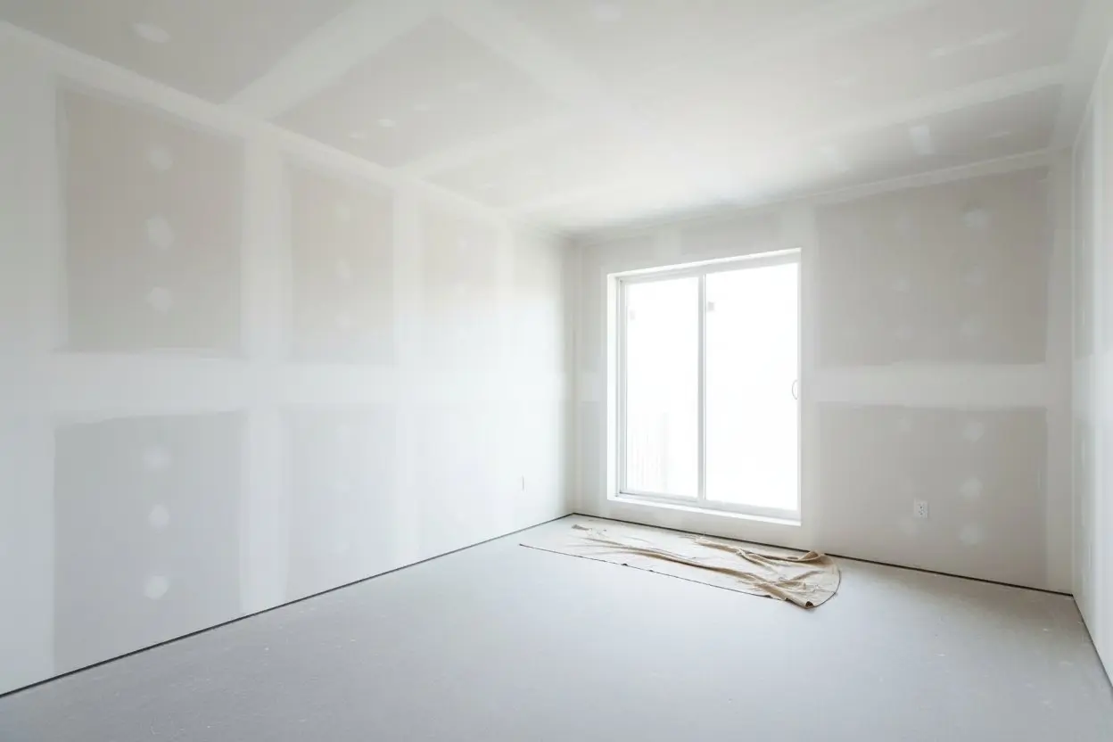 Drywall installation in Burlington by Express Drywall Services in a bright room with finished seams and large sliding window