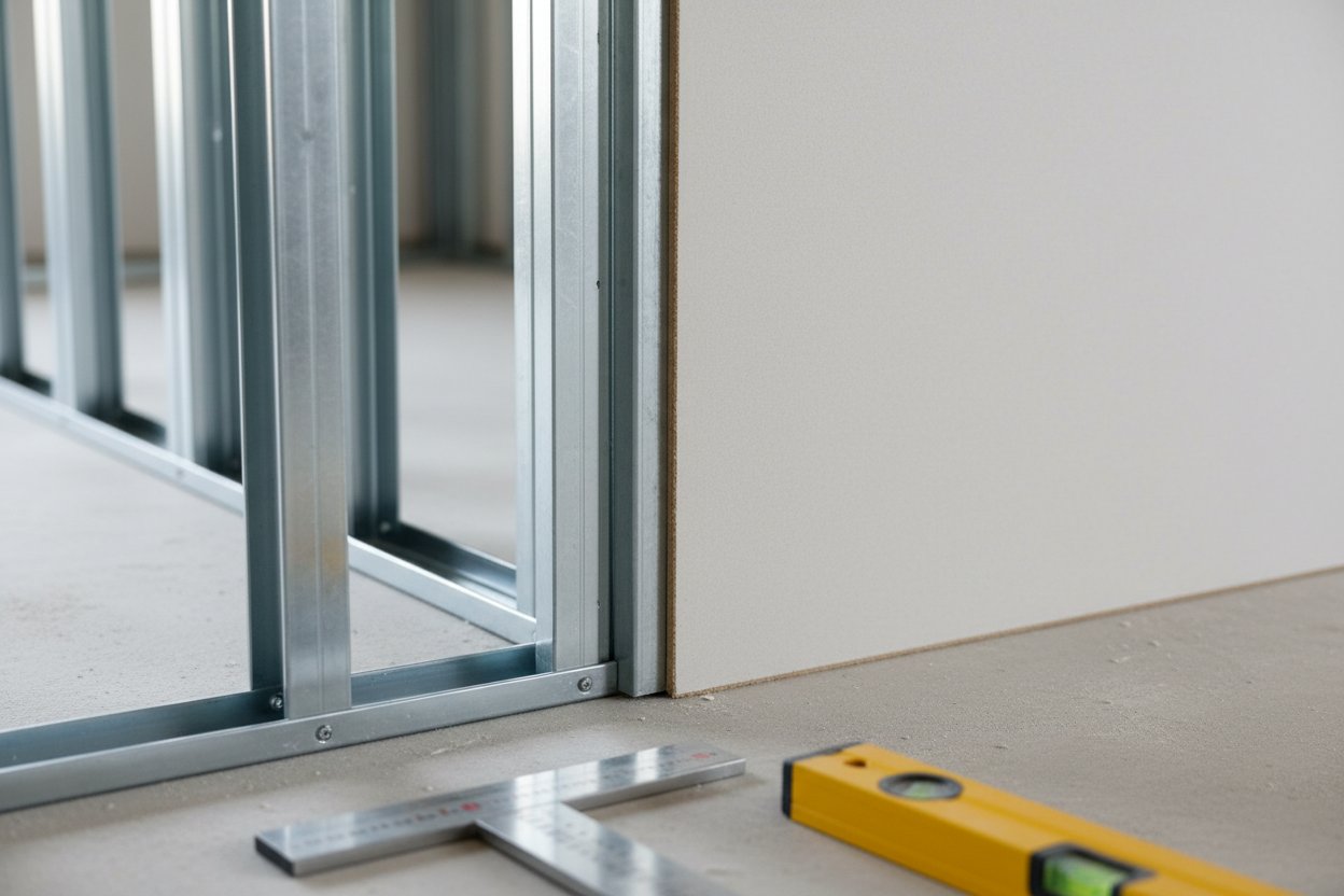 Metal framing and precise panel alignment during drywall installation in Muskoka by Express Drywall Services