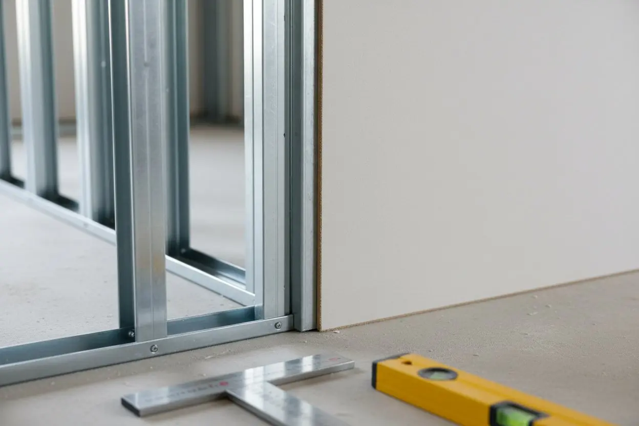 Metal framing and precise panel alignment during drywall installation in Muskoka by Express Drywall Services