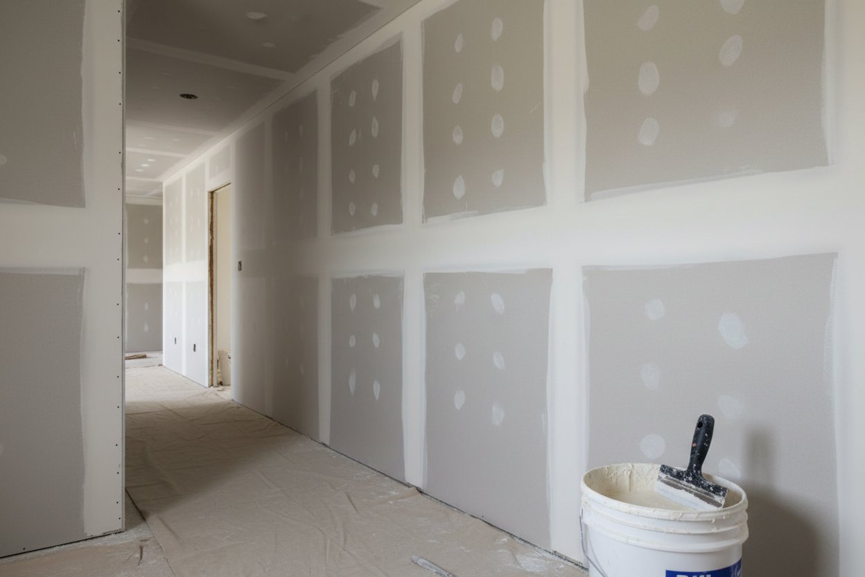 Drywall installation in Muskoka by Express Drywall Services with taped seams in a hallway under construction