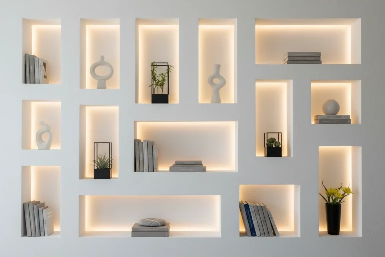 Recessed niche accent wall ideas with soft LED backlighting by Express Drywall Services
