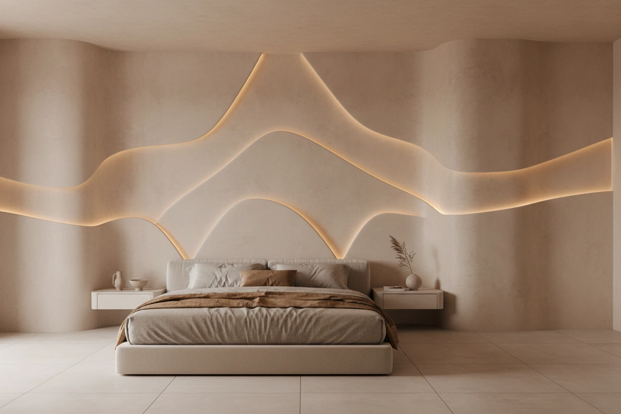 Organic curved accent wall ideas with integrated lighting created by Express Drywall Services