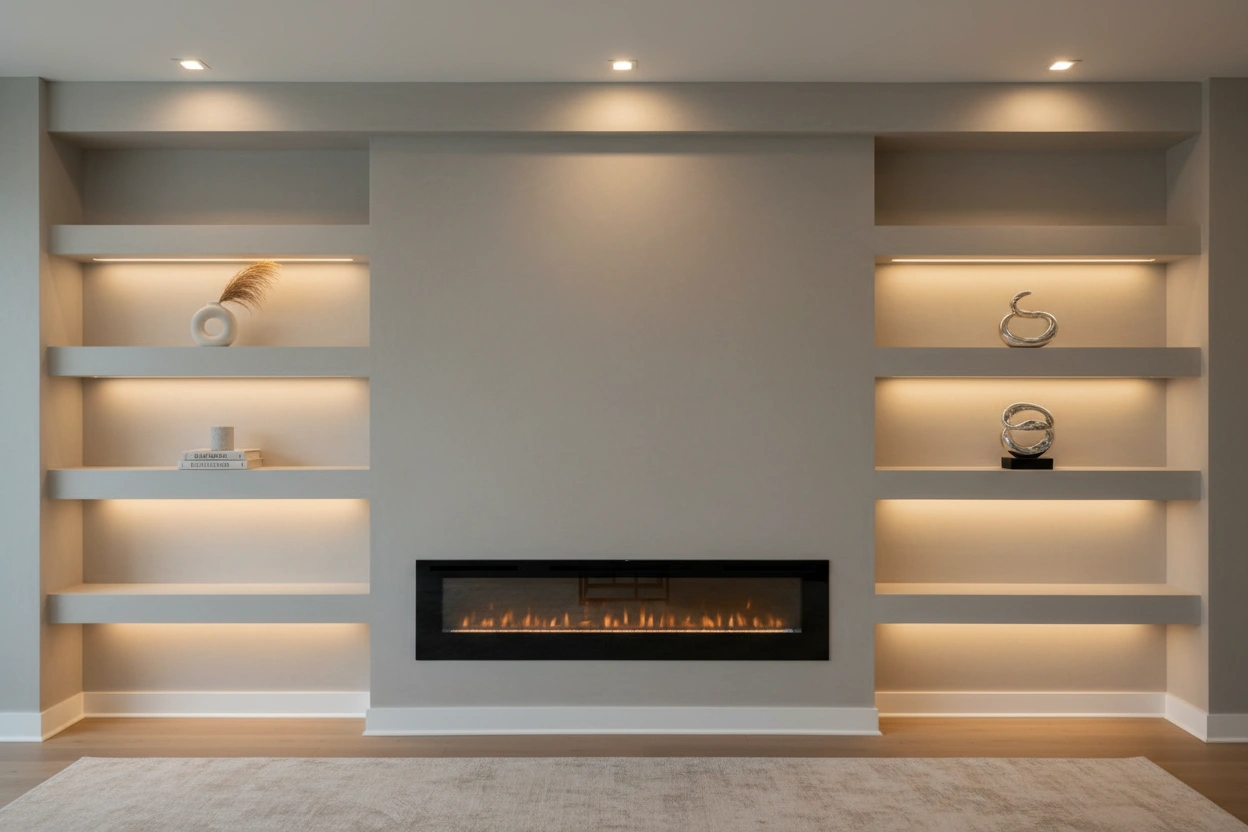 Modern accent wall ideas with built-in shelves and fireplace, finished by Express Drywall Services