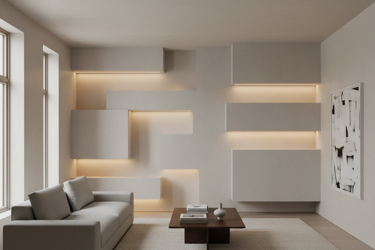 Geometric drywall accent wall ideas with soft lighting installed by Express Drywall Services