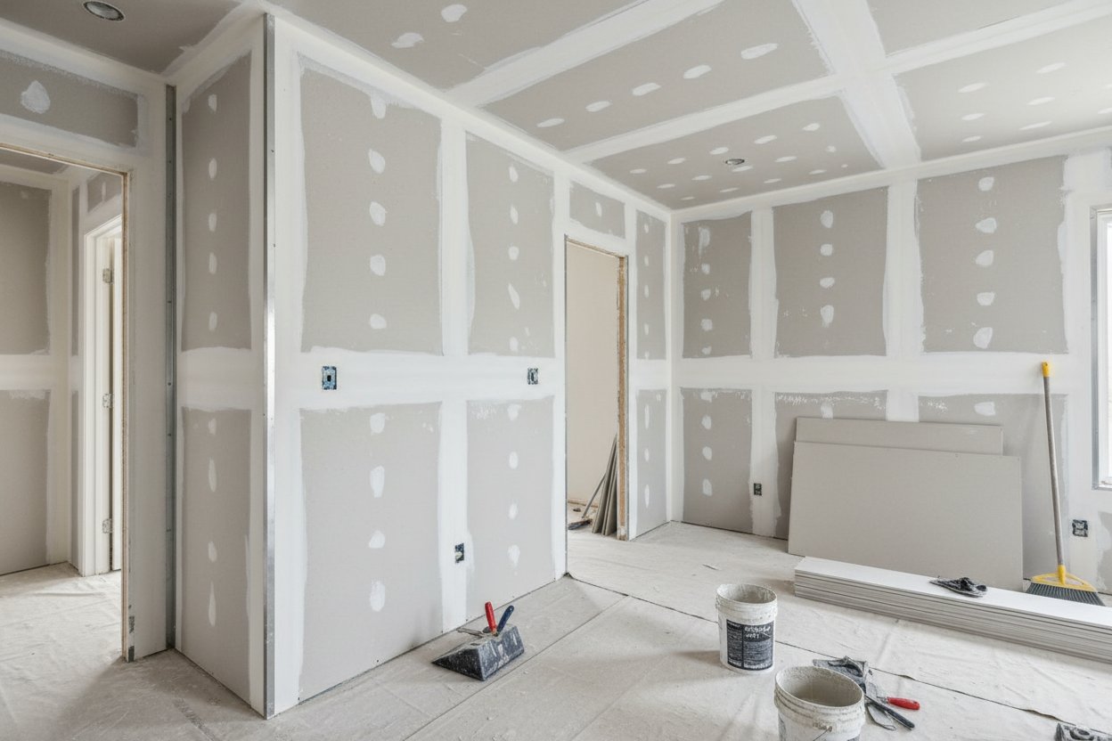 Drywall installation in Midland by Express Drywall Services during construction with tools and materials