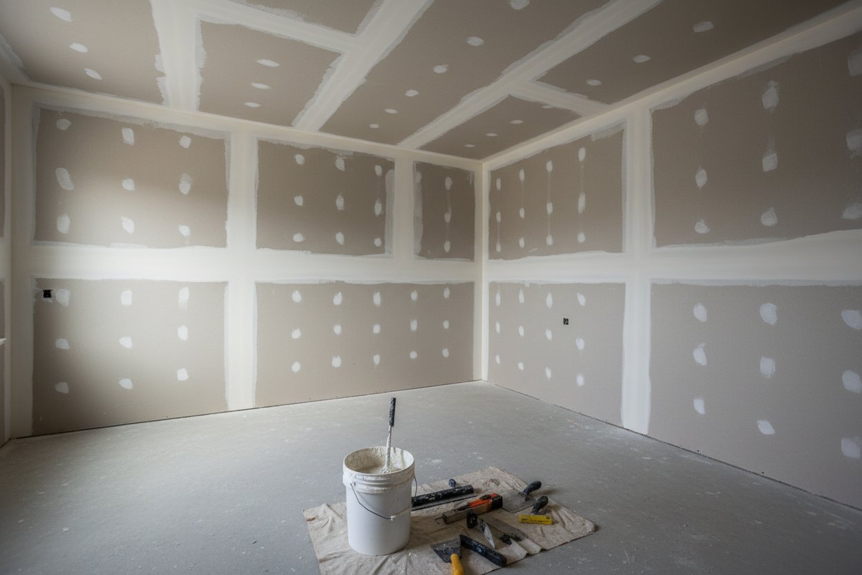 Drywall installation in Orillia by Express Drywall Services with taped joints and tools on the floor