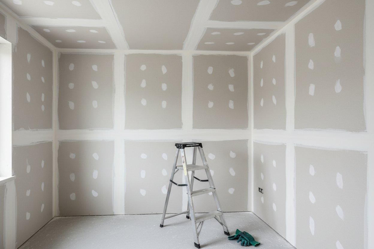 Drywall installation in Orillia by Express Drywall Services with finished seams and construction ladder