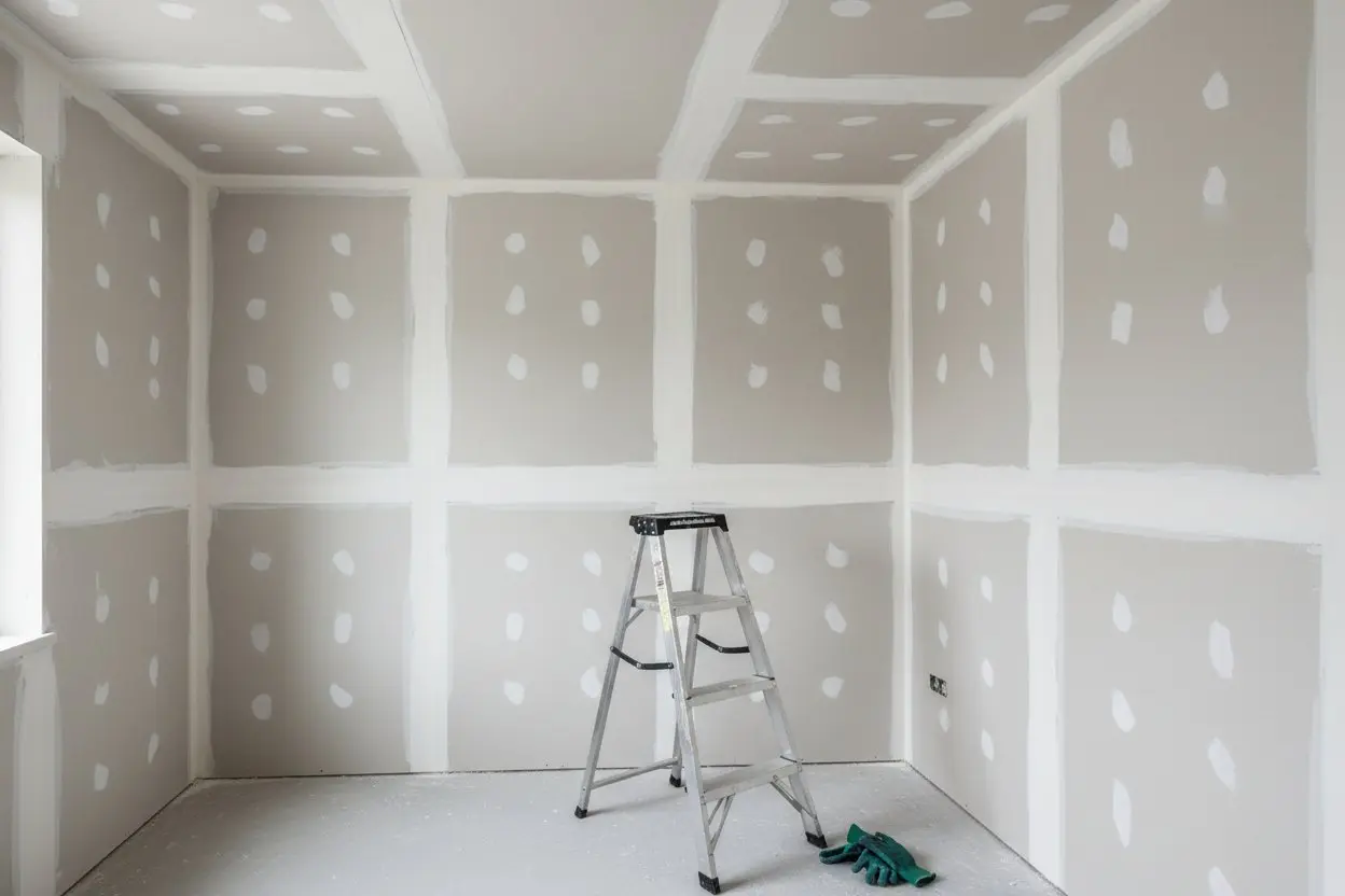 Drywall installation in Orillia by Express Drywall Services with finished seams and construction ladder