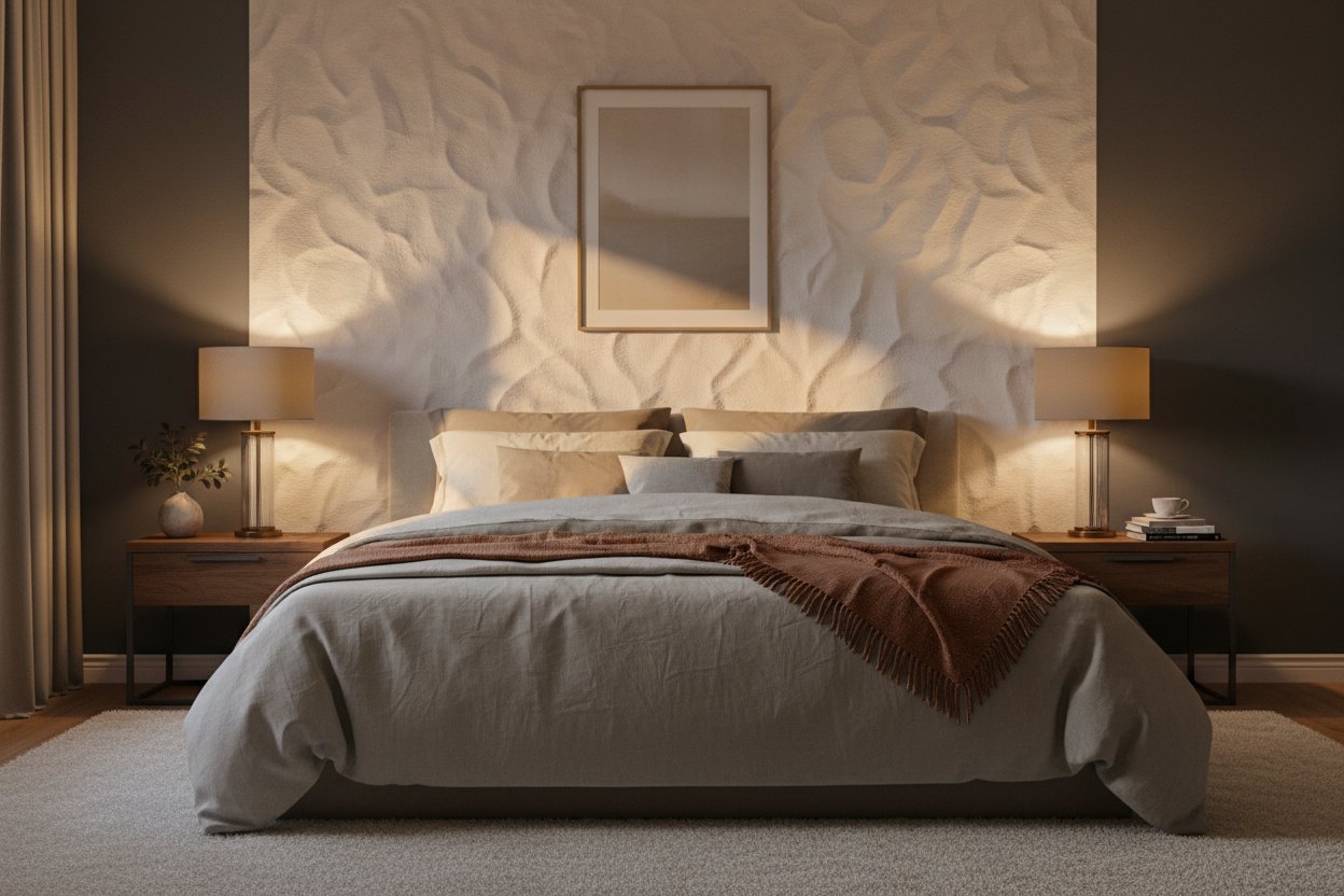 Bedroom decor with textured feature wall and warm lighting, completed by Express Drywall Services