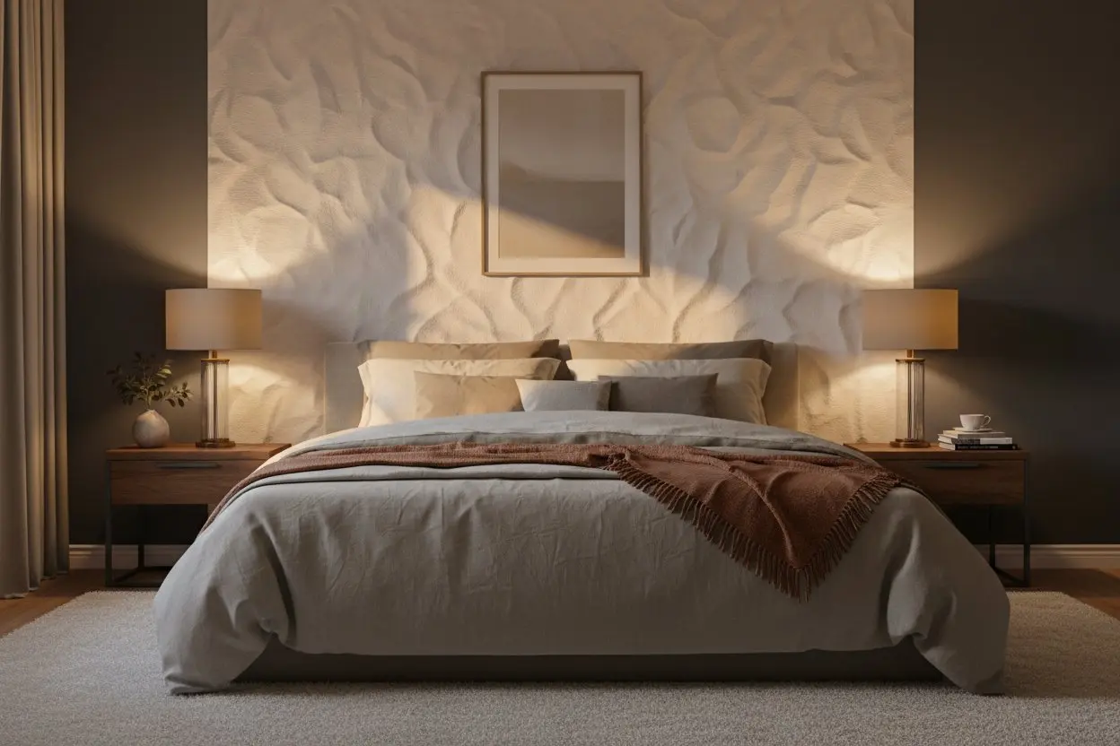 Bedroom decor with textured feature wall and warm lighting, completed by Express Drywall Services