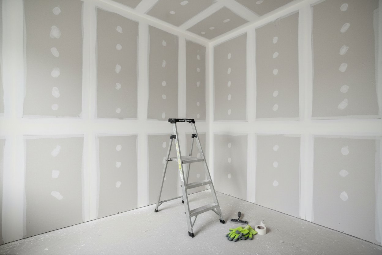 Drywall installation in Tiny Township by Express Drywall Services with ladder, tools and taped joints
