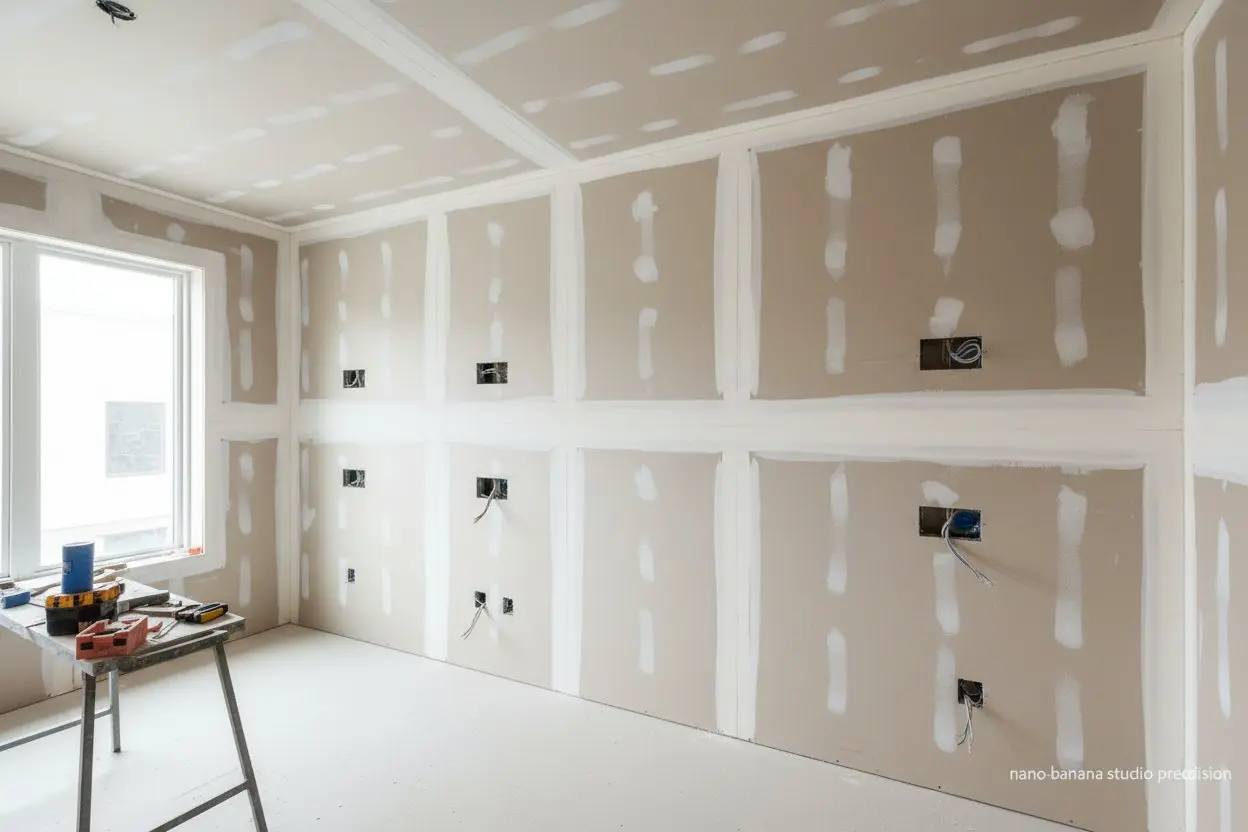 Detailed drywall installation in Tiny Township by Express Drywall Services with electrical cutouts and smooth finishing