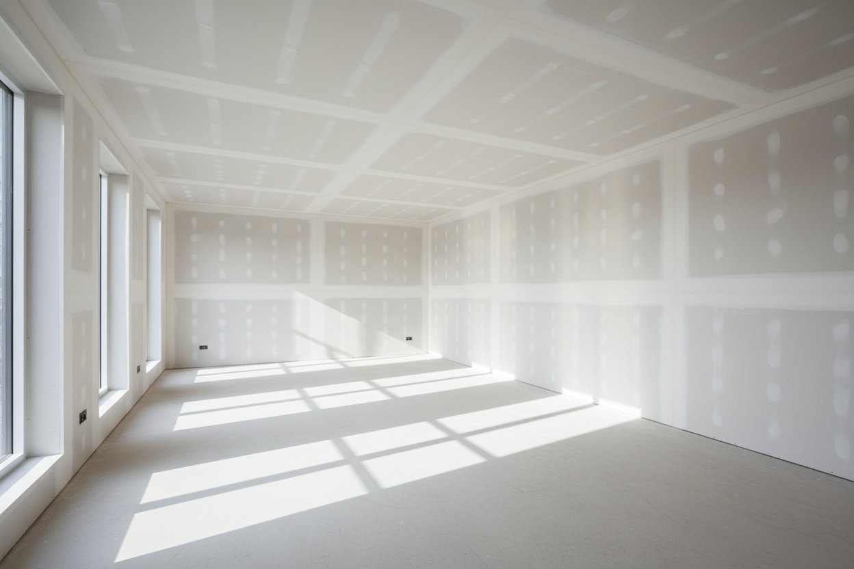 Drywall installation in Nobleton by Express Drywall Services in a spacious sunlit room with taped seams