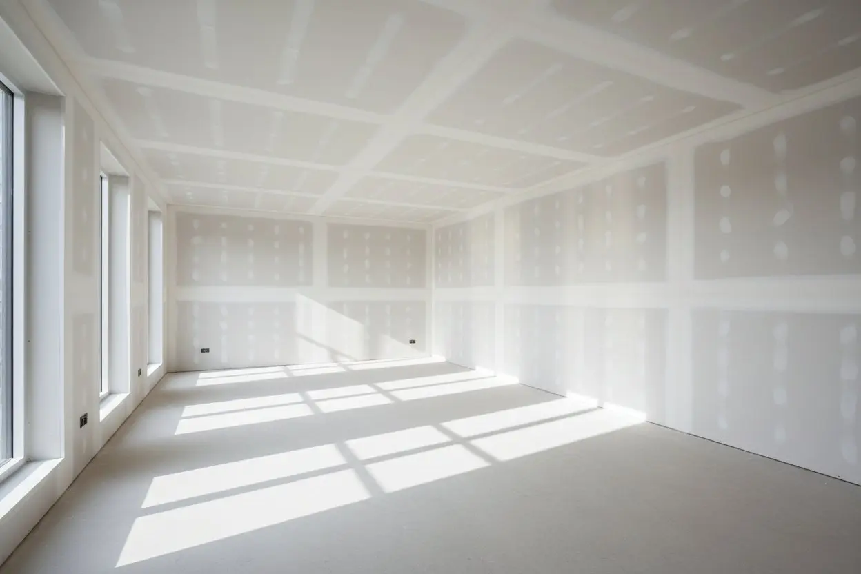 Drywall installation in Nobleton by Express Drywall Services in a spacious sunlit room with taped seams