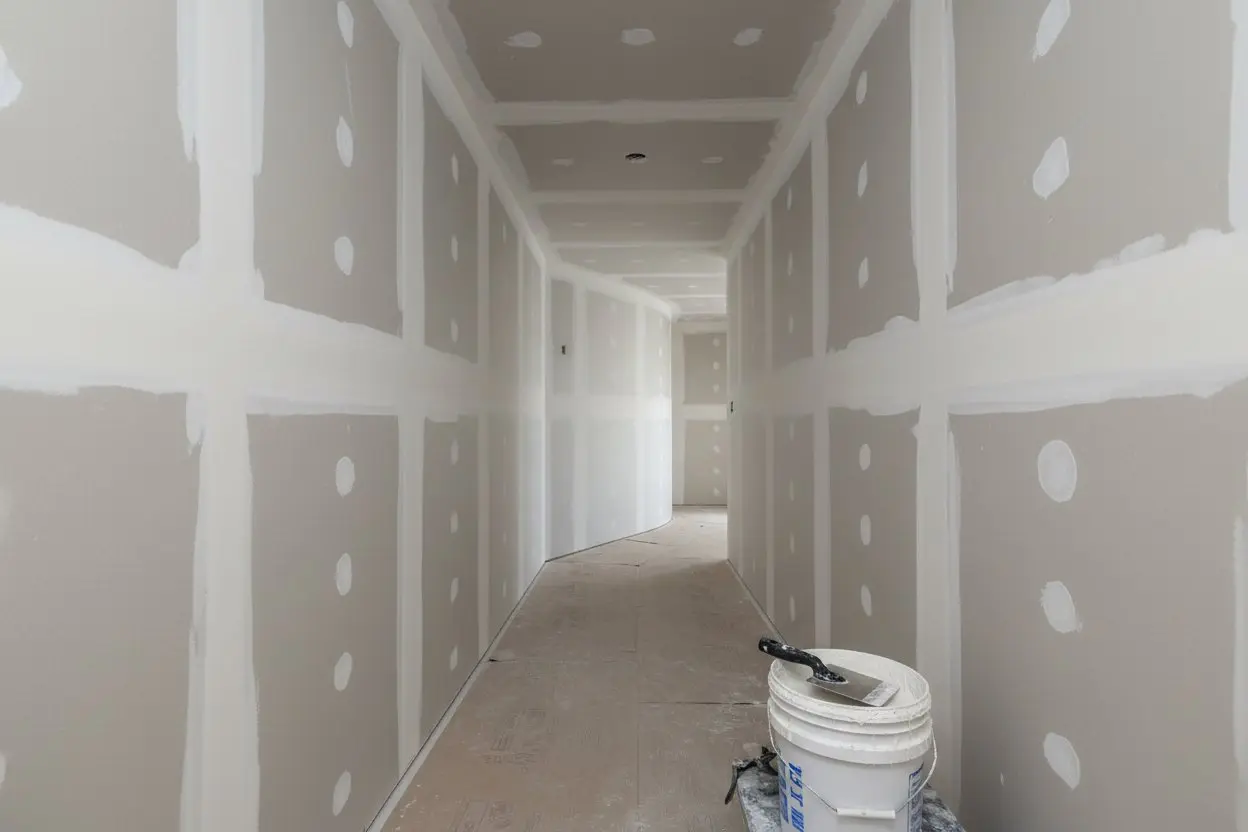 Drywall installation in Bolton by Express Drywall Services in a long hallway with smooth taped seams