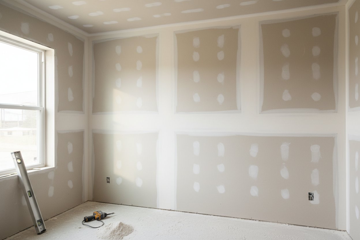 Drywall installation in Bolton by Express Drywall Services with taped panels and tools near the window