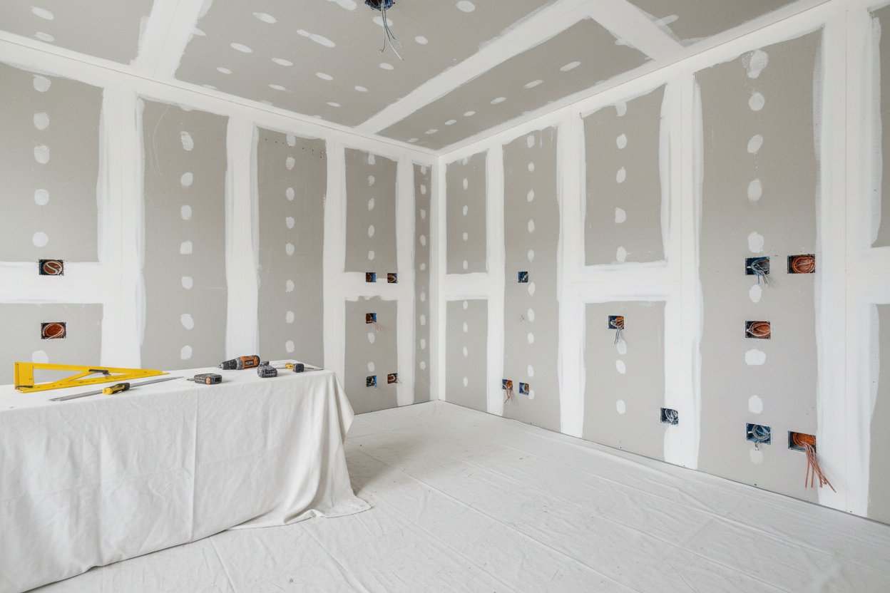 Drywall installation in Bolton by Express Drywall Services with clean finished seams and electrical cutouts