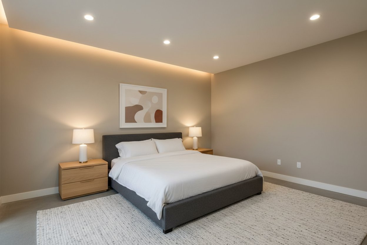 Minimal bedroom decor with clean drywall surfaces and soft ambient lighting by Express Drywall Services