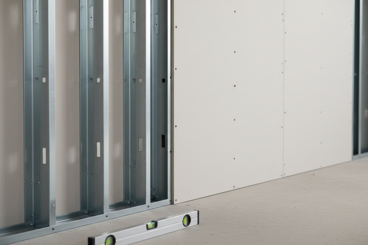 Express Drywall Services performing drywall installation in Bradford West Gwillimbury with metal framing and level tool