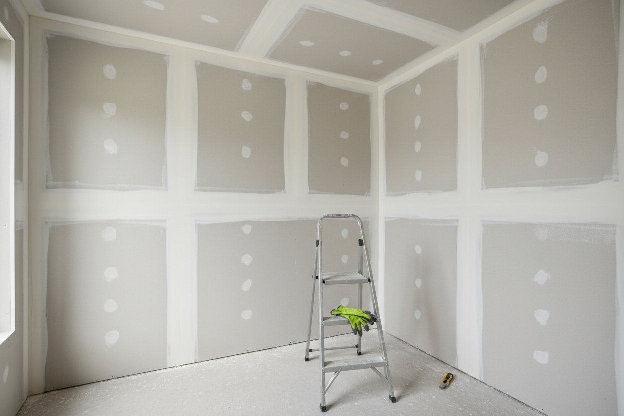 Drywall installation in Bradford West Gwillimbury by Express Drywall Services, room with taped joints and ladder