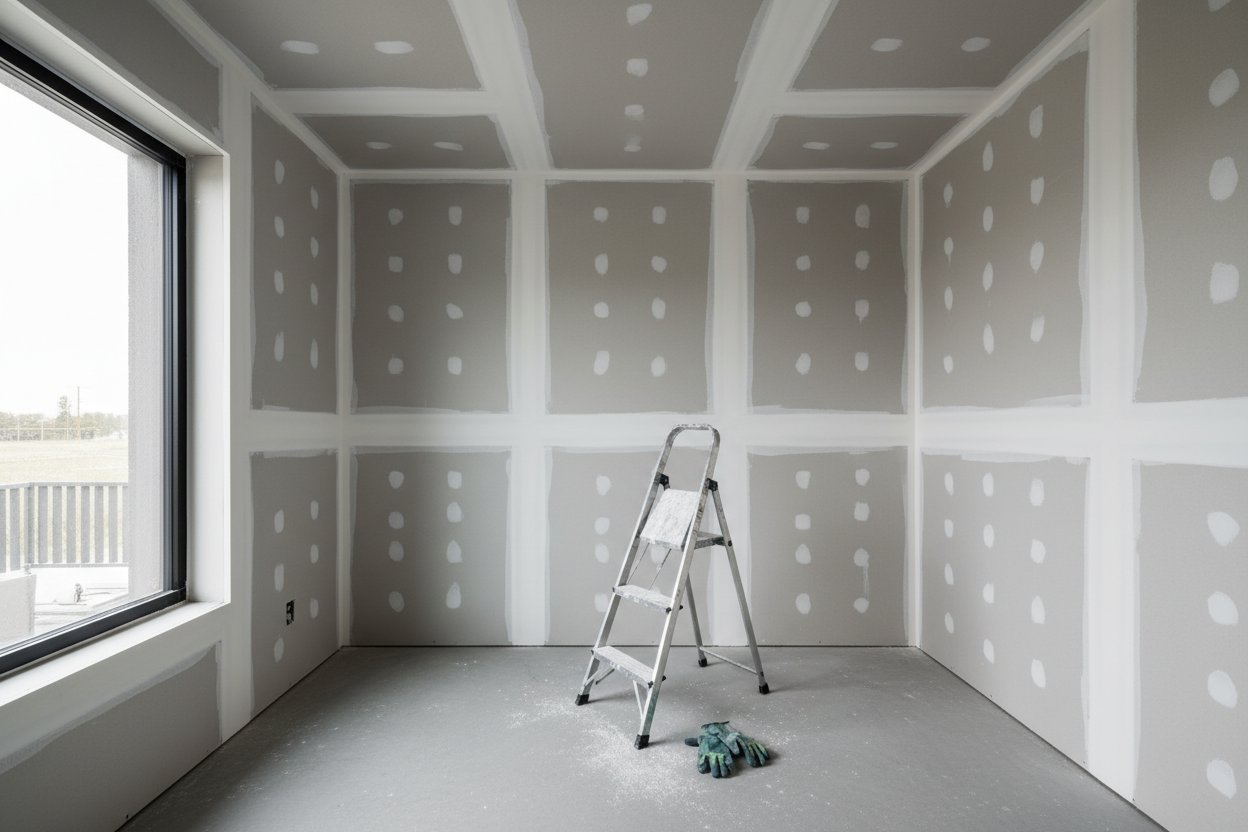 Drywall installation in Whitchurch-Stouffville by Express Drywall Services with taped seams, ladder and gloves on the floor